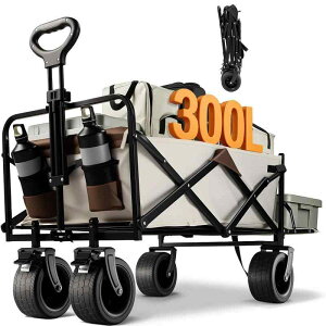 Aasnsn キャリーワゴン 【300L大容量 長物対応 後部展開可 耐荷重250kg】 キャリーカート ボトルポケット付き アウトドアワゴン キャンプ 折りたたみ ワンタッチ収束式 軽量 静音 キャンプ・引