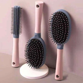 女性用 ヘアブラシ 櫛 エアクッション 排骨デザイン マッサージ 頭皮ケア 経絡刺激 大型パドルブラシ 巻き髪スタイリング 防静電気 髪型整え 軽量 伸縮性 通勤用 普段使い 部屋着対応 綿混素材 デニム調 再生繊維 Vネック ブラック ピンク系 アイ