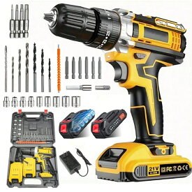 電動ドライバー 多機能電動ドリル 初心者向け 21Vコードレス ドリルドライバー 充電式 最大32N・m 25+3段階トルク調節 無断変速 正逆転切替 ネジ締め 穴あけ DIY家具組み立 コンパクト LED照明 2000mAhバッテリー電池2個付