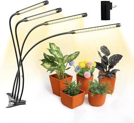 植物育成ライト，日光色 30W 60LED 植物ライト 定時機能 3H/6H/12H 高輝度 無段階調光 室内栽培ランプ 360°調節可能 4ヘッド付き USB充電口，多肉植物育成 家庭菜園 室内園芸 水草栽培 低消耗 省エネ【電源アダプター 5V3A 付き】
