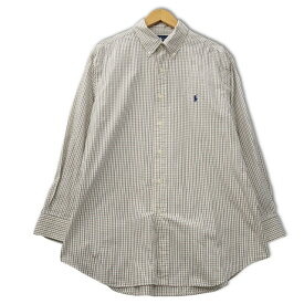 【中古】ラルフローレン RALPH LAUREN CLASSIC FIT クラシックフィット ボタンダウン 長袖 タッターソールチェック柄 ワンポイント刺繍 コットン シャツ L ホワイト 【ベクトル 古着】 240413