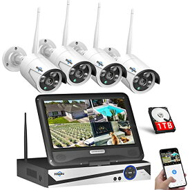 500万画素ワイヤレス防犯カメラセット Hiseeu 屋外セキュリティカメラ 10.1インチ NVR 8チャンネルまで増設可 カメラ4台 500万画素カメラ 遠隔監視 防水等級ip66 動態検知 屋内/屋外 防犯カメラ (500万画素カメラ4台＋10チャンネル500万画素の録画機＋1TB