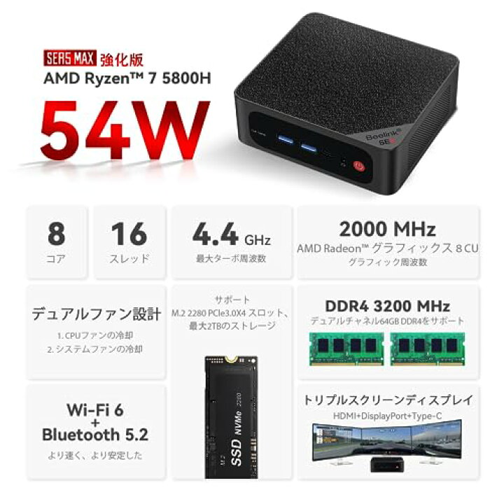 楽天市場】Beelink SER5 MAX 5800H 16GB DDR4+500G SSD ミニpc, 8C/16T 