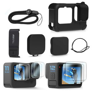 FitStill �V���R���X���[�u�P�[�X Go Pro Hero 12/11/10/9�u���b�N�p �o�b�e���[�T�C�h�J�o�[&�X�N���[���v���e�N�^�[&�����Y�L���b�v&�X�g���b�v Go Pro Hero 12/11/10/9�p�A�N�Z�T���[�L�b�g