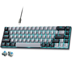 Abucow 65�����J�j�J���Q�[�~���O�L�[�{�[�h �� �L���R���p�N�g�L�[�{�[�h �u���[LED�o�b�N���C�g�t�� �����\�ȃu���b�N�E�O���[�L�[�L���b�v Windows/Mac�Ή�