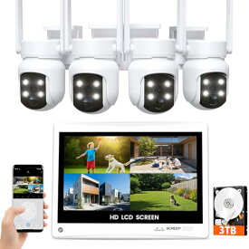 5MP・360°首振り自動追尾防犯カメラ 屋外 ワイヤレス YESKAMOO 12インチ一体型IPS防犯モニターとカメラ4台セット 10台まで増設 AI人物検知 フルカラー暗視撮影 双方向通話 Wi-Fi監視カメラ IP66防水 H.265+圧縮 24時間常時録画 屋内/屋外 セキュリティ
