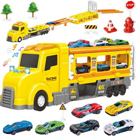 車おもちゃ 建設車両セット カタパルト式大きいサイズの車 光と音で 男の子おもちゃ 3 4 5 6 7歳 お誕生日プレゼントランキング 知育玩具 ミニカーセット 収納できるトラックおもちゃ 交通標識付き