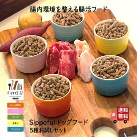 国産 無添加 ドッグフード お試し ドッグフード 5種セット Sippofull シッポフル 各50g計250g 【腸内環境改善 食べムラ 飽き お悩み解決】 涙やけ 口臭ケア 腸活 生肉＆鮮魚使用 獣医師推薦 オールMIX ビーフ ホース チキン フィッシュ 送料無料 お悩み無料相談サービス付