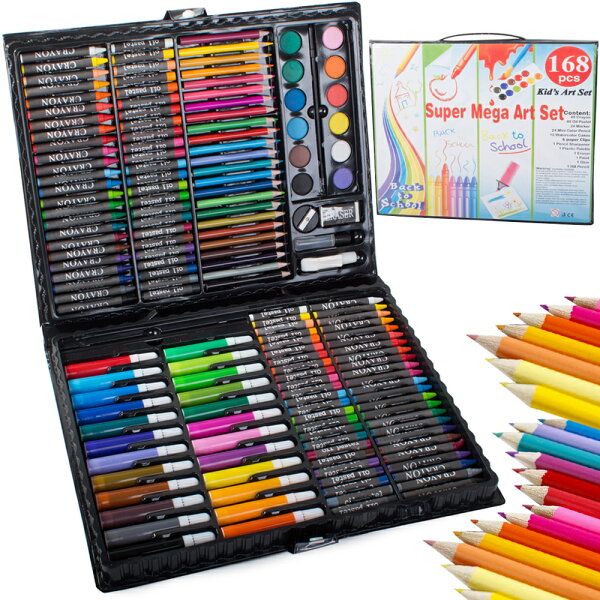 スーパーメガアートセット　お絵描きセット　文具セット　168点セット　絵の具12色、マーカーペン24色、オイルパステル48色、色えんぴつ24色、クレヨン48色、筆1本、パレット1つ、HBえんぴつ1本、えんぴつ削り1つ、消しゴム1つ、のり1つ、クリップ6つ
