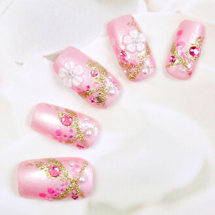 楽天市場 送料無料 ネイルチップ 和風 オーダーメイド なでしこピンク ロング ショート 14枚組 付け方 はずし方説明書 キット付 ブライダル ベビー シセイル