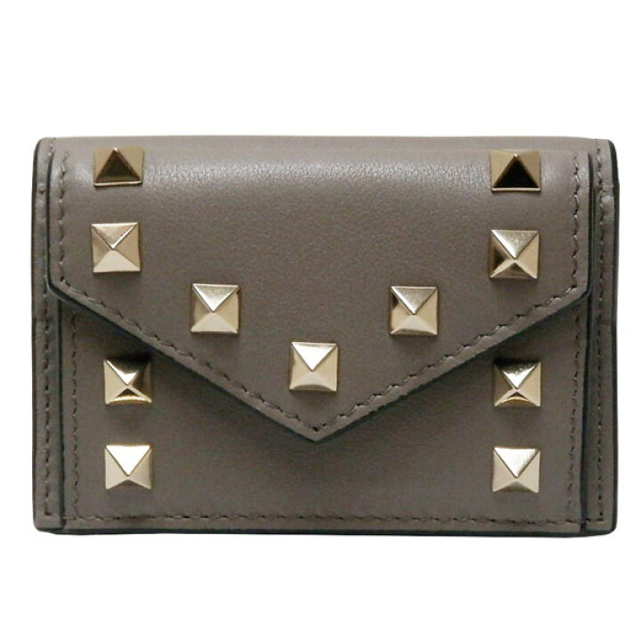 未使用 VALENTINO レザーミニ財布 スタッズ グレージュ 箱袋カード付き  