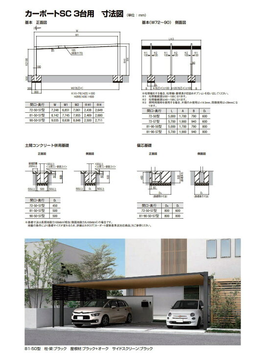 楽天市場】カーポートSC 3台用 基本 81-57型 ロング柱（H25） 木調色 