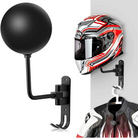 ヘルメットラック バイク用ヘルメットホルダー 壁掛け 180度回転 フック付きメタル バイクアクセサリー ヘルメットハンガー コート キャップ フットボールベースボールヘルメット用