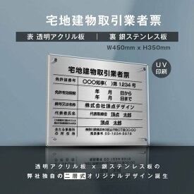 P5倍♪5％OFFクーポン【宅地建物取引業者票】(透明アクリル×銀ステンレス) W45cm×H35cm お洒落な二層式 法定サイズ UV印刷加工 選べる4書体 宅建 業者票 運搬業 運搬業者票 許可書 事務所 法定看板 看板［gs-pl-tr-t-sil］