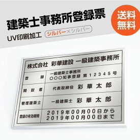 P5倍♪5％OFFクーポン建築士事務所登録票【シルバーxシルバー】 W50cm×H35cm 選べる4書体 4枠 UV印刷 ゴールドステンレス仕樣 撥水加工 錆びない 看板 法定サイズクリア 宅地 建物 取引業者 金看板 宅建 標識 事務所用 jms-sil-sil