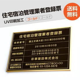 P5倍♪5％OFFクーポン住宅宿泊管理業者登録票【ゴールドxゴールド】 W50cm×H35cm 選べる4書体 4枠 UV印刷 ゴールドステンレス仕樣 撥水加工 錆びない 看板 法定サイズクリア 宅地 建物 取引業者 金看板 宅建 標識 事務所用 jutaku-gold-gold-blk