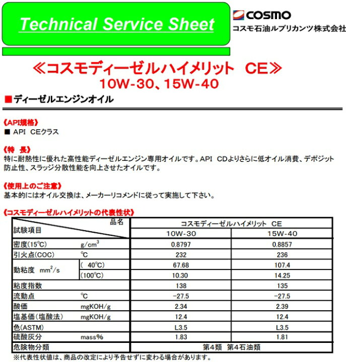 楽天市場】コスモディーゼルハイメリットCE10W−30 ・ 15W 