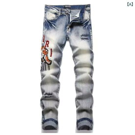 トレンドカジュアルパッチ 修身 小 足 ファッション ブランドの 個性 的な ズボンの ファッションの 新型の 穴を 開けて 布の 刺繍の ジーパンの 男性を 貼ります。