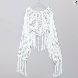 夏の プルオーバーの ショート タイプの 透かし 編みの ニットの フリンジカジュアルで やせて いる 上着の 長袖の ゆったりと した 重ね 着の ブラウス