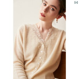 レースカシミヤカーディガン 女性の V ネック ショートセータージャケットニットウールカーディガン 長袖 秋と 冬の 新しい スタイル