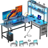 HLFURNITURE パソコンデスク L字型ゲーミングデスク LEDライト付きコンピューターテーブル 幅150cm コン…
