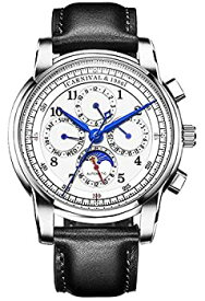 【中古】【輸入品・未使用】メンズ 自動機械式腕時計 日付 月相 24時間表示 カーフスキン レザー 透明 腕時計 ブラックレザー-ホワイト。