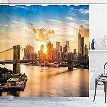 (180cm W By 210cm L%ｶﾝﾏ% Multi 7) - NYC Decor Shower Curtain Set by Ambesonne%ｶﾝﾏ% Cityscape of Brooklyn Bridge and Lower Manhattan Hud