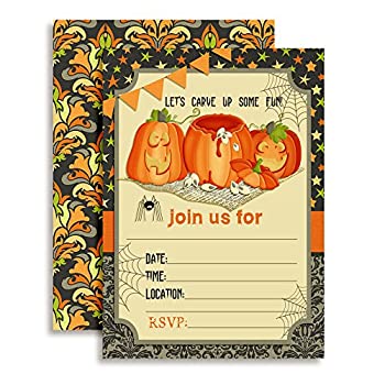 【中古】【輸入品・未使用】Pumpkin Carving Halloween Birthday Party Invitations%ｶﾝﾏ% Ten 13cm x 18cm Fill In Cards with 10 White Envelopes by AmandaCreation：スカイマーケットプラス