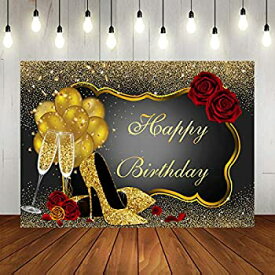 【中古】【輸入品・未使用】Glitter Gold Happy Birthday Backdrop Red Rose Floral Golden Balloons Heels Champagne Glass Background for Women Birthday Party Decorati