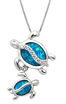 95％以上節約 Mom and Baby Turtle Silver Blue Opal Necklace Pendant with Chain