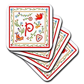 【輸入品・未使用】(set-of-4-Ceramic) - 3dRose cst_160688_3 Letter P Monogram Inpired by Embroidered Portuguese Love Handkerchiefs Ceramic Tile Coasters%ｶ