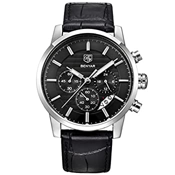 BENYAR 腕時計 クオーツクロノグラフ 防水 ビジネススポーツデザイン レザーバンドストラップ腕時計 L Silver Black B