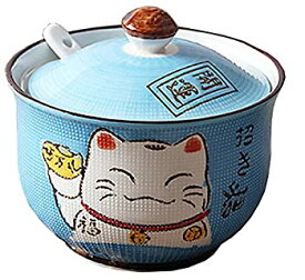【中古】【輸入品・未使用】Ceramics Japanese Maneki Neko Lucky Cat Sugar Salt PepperストレージJar蓋、スプーン free ブルー