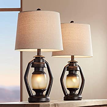 Horace Rustic Farmhouse Table Lamps Set of with Nightlight Miner Lantern Brown Oatmeal Tapered Drum Shade for Living Room Bedroom Hou
