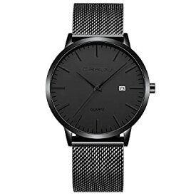 【中古】【輸入品・未使用】CRRJU メンズ腕時計 超薄型 ファッション エレガント 7mm ステンレススチール メッシュバンド 防水腕時計 A-black black silver