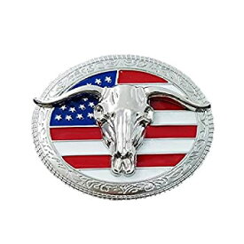 【中古】【輸入品・未使用】QUKE American Western Cowboy USA Flag Rodeo Long Horn Bull Belt Buckle [並行輸入品]