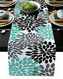 【中古】【輸入品・未使用】Floral Table Runner-Teal Gray Black Cotton linen-Small 36 inche Dresser Scarves,Dahlia Pinnata Flower Tablerunner for Kitchen Coffee/Di