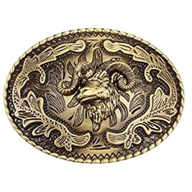 【中古】【輸入品・未使用】[Longcreek] Goat Belt Buckle for Men, Norse Viking Goat Sheep Head Belt Buckle, Gold Goat Ram Skull Oval Belt Buckle, Western Cowboy Be
