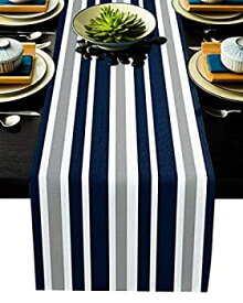 【中古】【輸入品・未使用】Stripe Table Runner-Navy Blue Gray White Cotton linen-Long 72 inche Dresser Scarves,Farmhouse Tablerunner for Kitchen Coffee/Dining/Sof