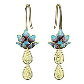 【中古】【輸入品・未使用】LOVECOM Lotus Flower 925 Sterling Silver Drop Earrings for Women Girl Gold Cloisonne Dangle Earrings Jewelry [並行輸入品]