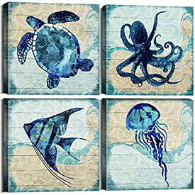 【中古】【輸入品・未使用】Ocean Home Decor Beach Marine Theme Bathroom Wall Art Teal Blue Mediterranean Style Watercolor Canvas Prints Painting Sea Animal Turtle