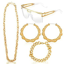 【中古】【輸入品・未使用】Yewong Women Hip Hop Costume Kit Old School DJ Sunglasses Gold Plated Chunky Rope Chain Bamboo Hoop Earrings 80s/90s Punk Hip Hop Rappe