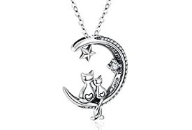 【中古】【輸入品・未使用】Cat Necklace, S925 Sterling Silver Cat on Moon Pendant, Cubic Zirconia, Women Jewelry, Gifts for Mum with Gift Package- I Love you fore