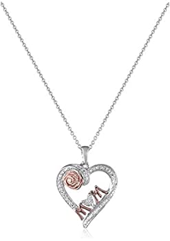 Jewelili 14kt Rose Gold over Sterling Silver Diamond Accent MOM Heart Necklace Pendant, 18" [並行輸入品]