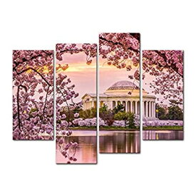 【中古】【輸入品・未使用】Wall Art Decor Poster Painting On Canvas Print Pictures 4 Pieces Washington Dc Tidal Basin and Jefferson Memorial Cherry Blossom Spring