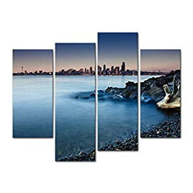 【中古】【輸入品・未使用】My Easy Art- Seattle Skyline Wall Art Decor Blue Calm Sea and Rocks on The Beach Under Sunrise Canvas Pictures Artwork 4 Panel Seascape