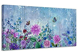 【中古】【輸入品・未使用】Acocifi Canvas Wall Art Purple Pink Flowers Picture Natural Butterfly Watercolor Painting Vintage Framed Blue Simple Blue Artwork for L