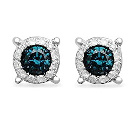 【中古】【輸入品・未使用】Jewelili Sterling Silver Blue and White Diamond Round Stud Earrings 1/4cttw… [並行輸入品]