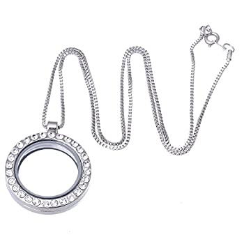 RUBYCA Living Memory Floating Charm Round Glass Locket Pendant Necklace 20 Inches 1pcs Silver Tone White Crystal by RUBYCA