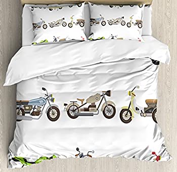 メーカー在庫限り品Motorcycle布団カバーセットby Ambesonne、コレクションスポーツバイクアイコンの異なるタイプの多様なVehicle in Faded Colors、装飾寝具セット